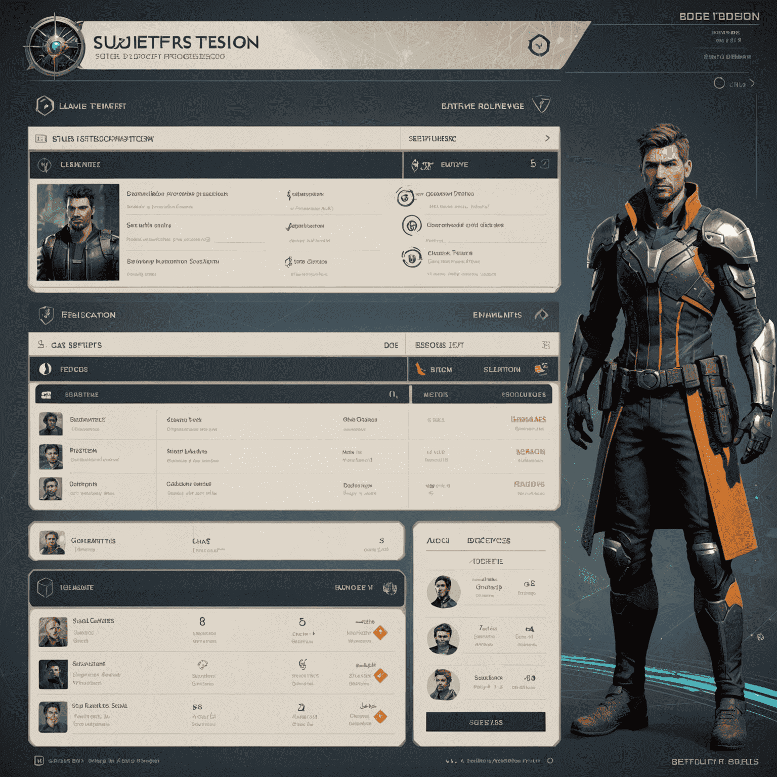 A character progression screen showing various stats and skill trees