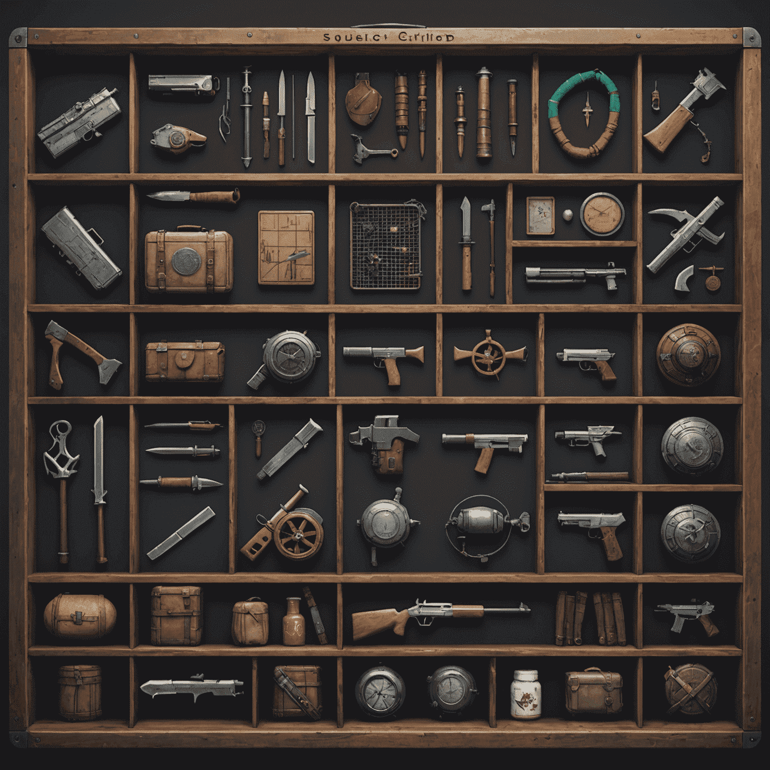 A grid-based inventory screen showing various game items, weapons, and resources